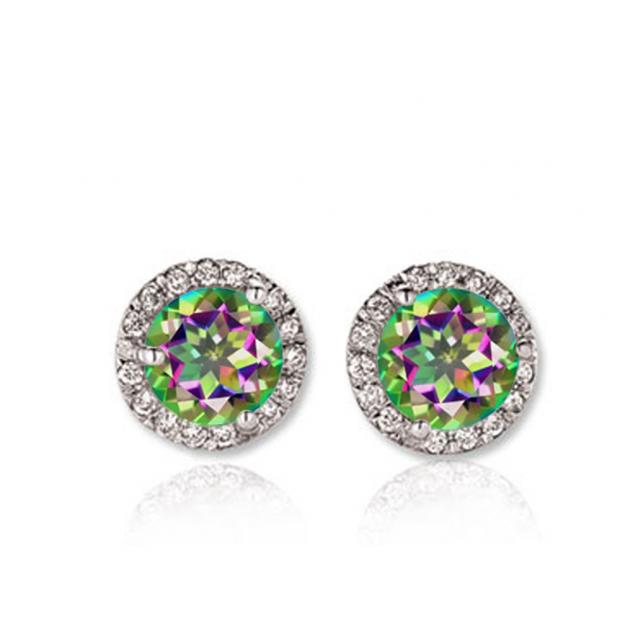 1.00 Carat (ctw) 14K White Gold Round Rainbow Topaz & White Diamond Ladies Halo Style Stud Earrings 1 CT